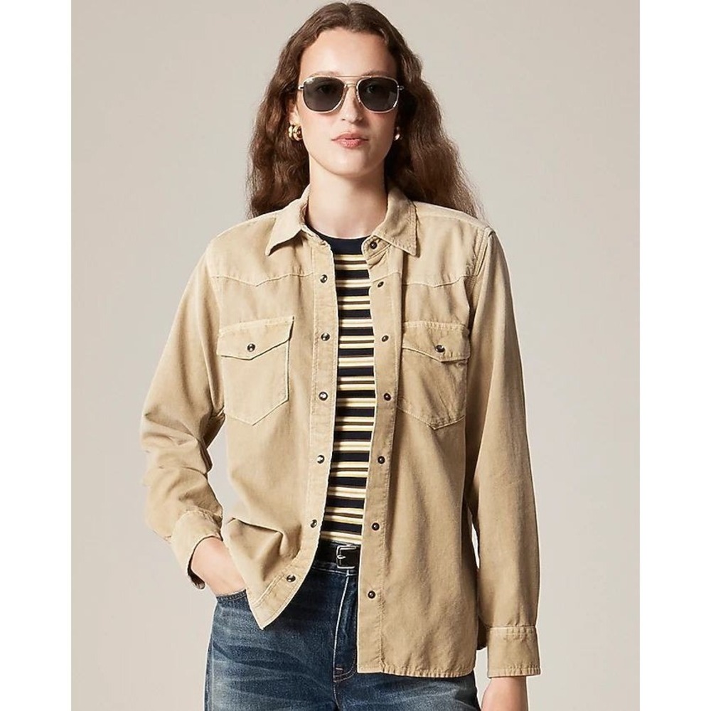 J. Crew Corduroy Western Shirt Tan Snap Button Long Sleeve Size 00 NWT $148 Flaw